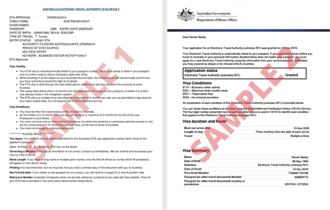 Australian ETA visa sample